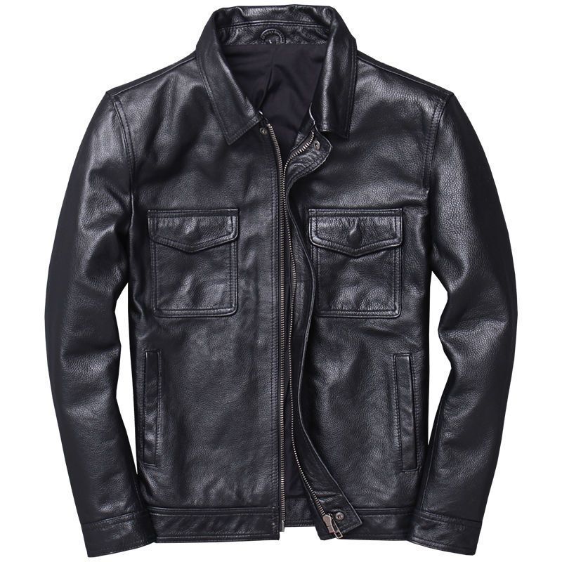 Herren Lederjacke im Worker-Stil mit Brusttaschen und durchgehendem Reißverschluss Drune