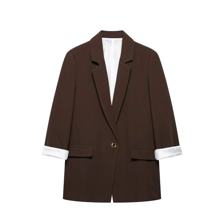 Damen taillierter Longblazer mit Umschlagärmeln und dekorativem Knopf Drune