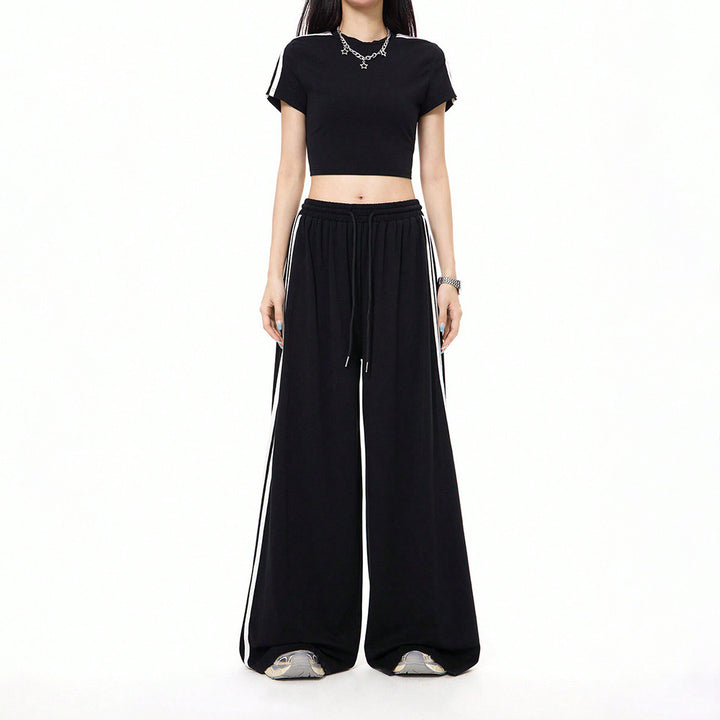 Damen lässige Highwaist weite Sweathose mit elastischem Bund, Tunnelzug und seitlichen Kontraststreifen Drune