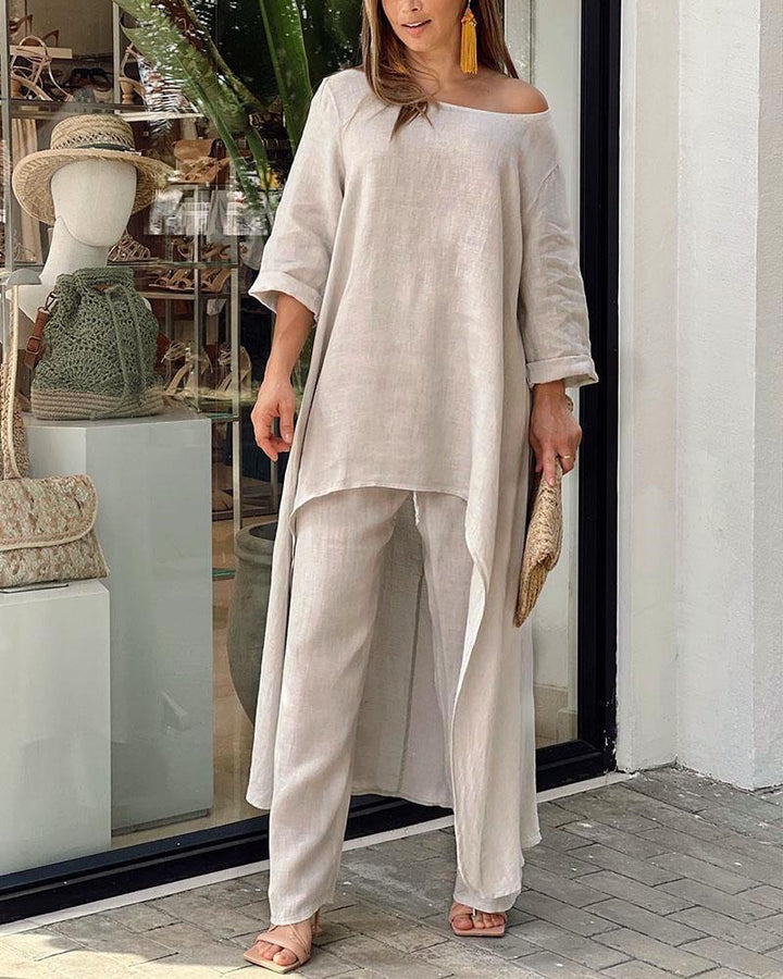 Damen Lässiges Leinenoptik-Zweiteiler mit asymmetrischer Long-Tunika und weitem Palazzo-Hose Drune