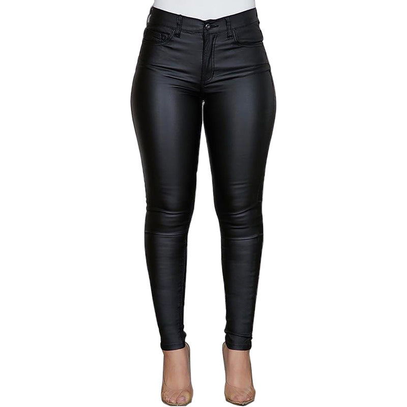 Damen figurbetonte High‑Waist Kunstlederhose im Skinny‑Cut mit Five‑Pocket Drune