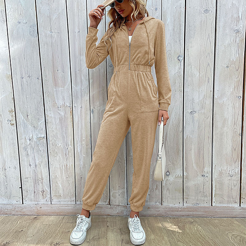 Damen Kapuzen-Jumpsuit mit Reißverschluss, elastischer Taillenpassform & Joggerbündchen Drune