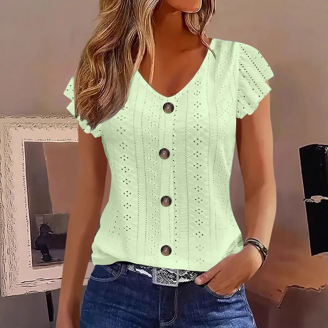 Damen elegante Bluse mit Spitzenmuster und Knopfverzierung Drune
