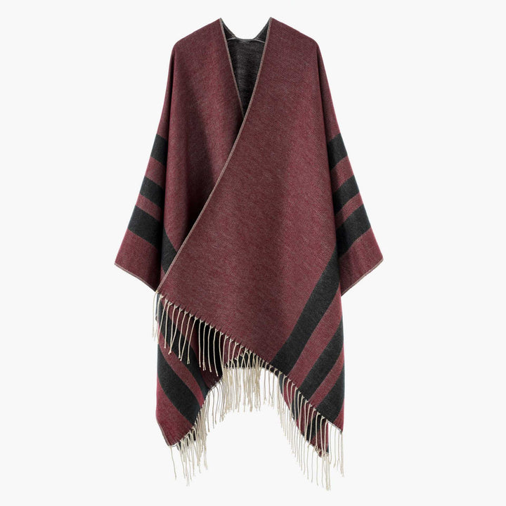 Damen Großer Wollmix Fransenponcho mit diagonalen Kontraststreifen Drune