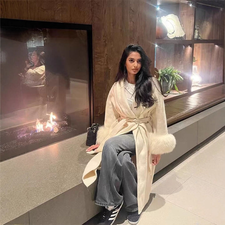 Damen eleganter, warmer Mantel mit luxuriösen Fellsärgen Drune