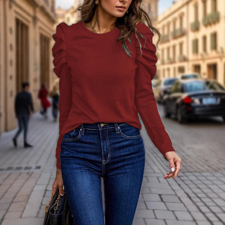 Damen Langarmshirt mit gestuften Raffungen an den Schultern und tailliertem Schnitt Drune