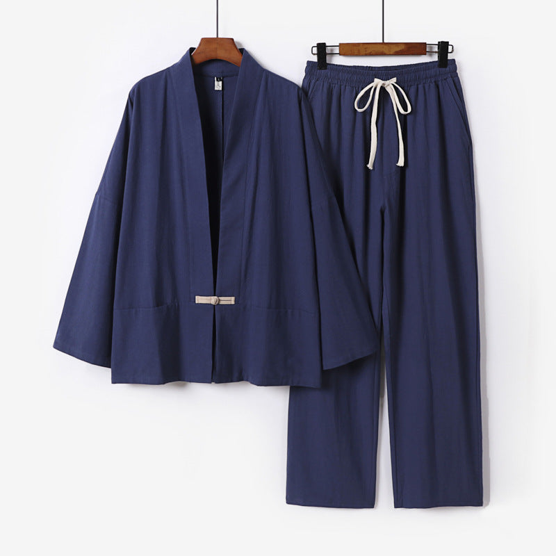 Herren Zen-inspiriertes Kimono-Loungewear-Set aus leichter Baumwollmischung mit offenem Schnitt und Kordelbundhose Drune