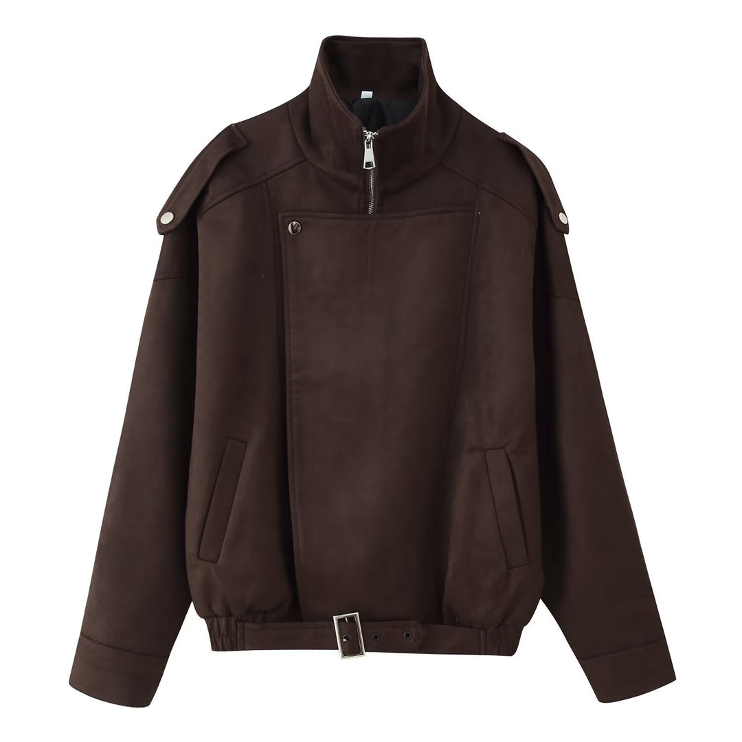 Damen Kurzjacke im Biker-Blouson-Stil mit Gürtel und asymmetrischer Klappe Drune