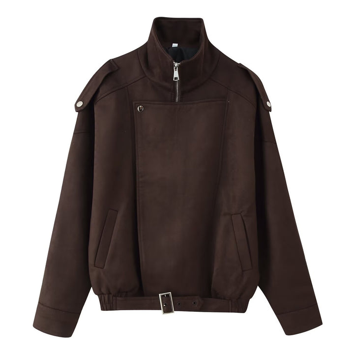 Damen Kurzjacke im Biker-Blouson-Stil mit Gürtel und asymmetrischer Klappe Drune