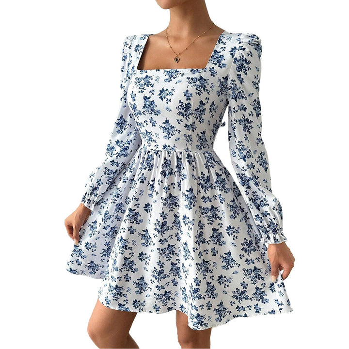 Damen florales Minikleid mit quadratischem Ausschnitt tailliertem Schößchen und langen Puffärmeln Drune