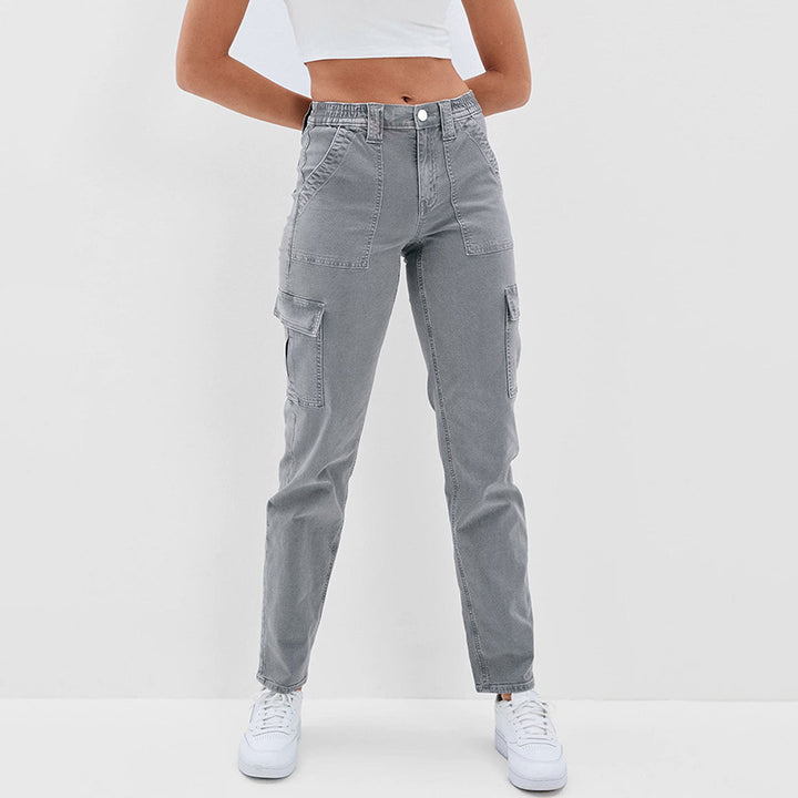 Damen Hochtaillierte Cargohose aus Denim mit geradem Bein und Mehrfachtaschen Drune