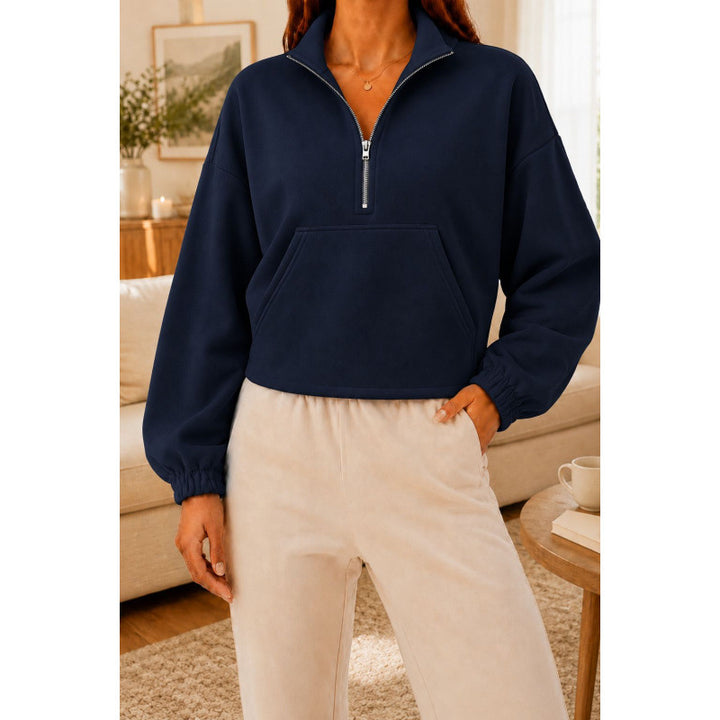 Damen Kurz geschnittener Sweatshirt-Pullover mit halbem Reißverschluss und Kängurutasche Drune