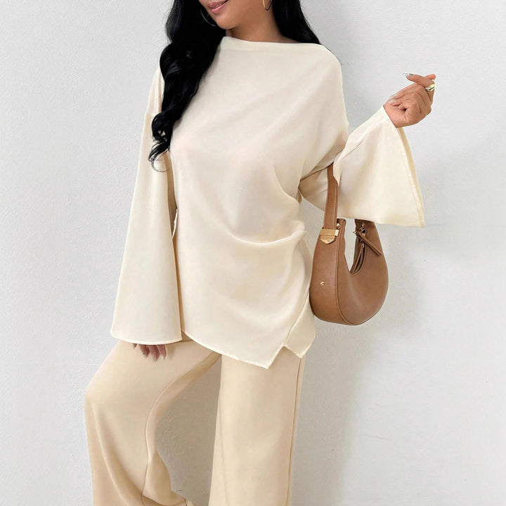 Damen nan oversized Satin-Tunika mit U-Boot-Ausschnitt und weiten Trompetenärmeln Drune