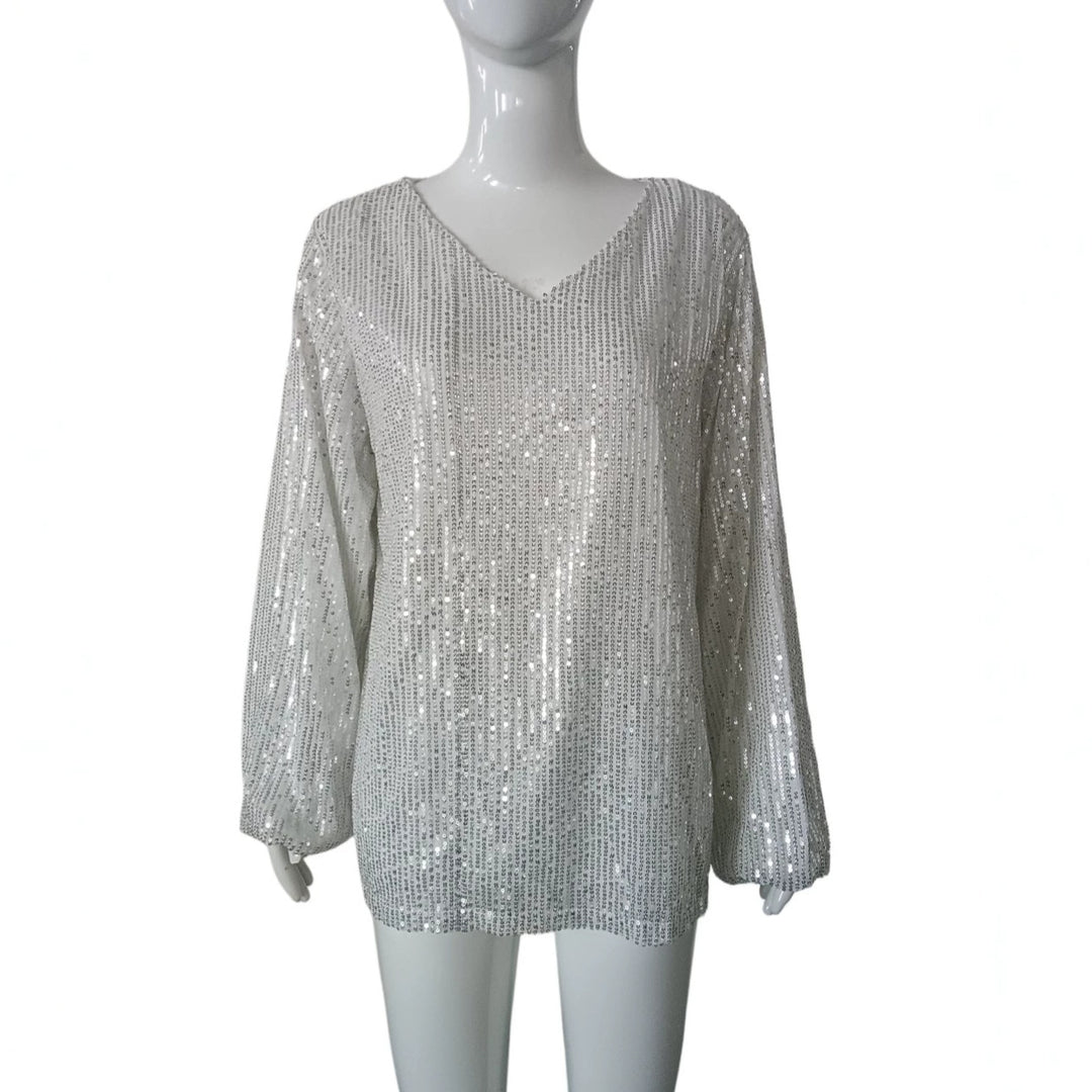 Damen Glitzerndes Pailletten-Longsleeve mit V-Ausschnitt und legerer Tunika-Silhouette Drune
