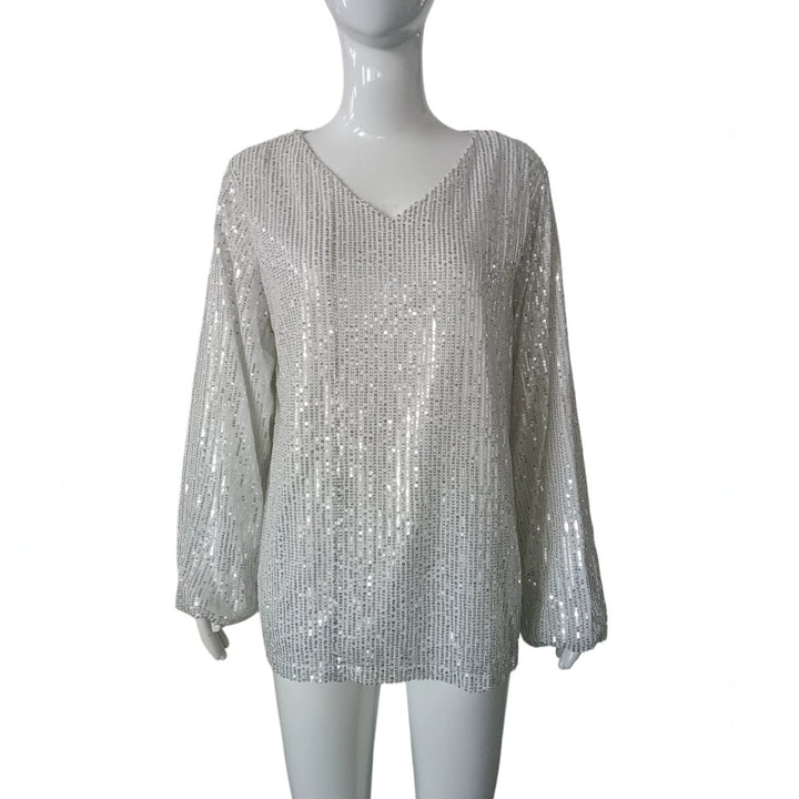 Damen Glitzerndes Pailletten-Longsleeve mit V-Ausschnitt und legerer Tunika-Silhouette Drune