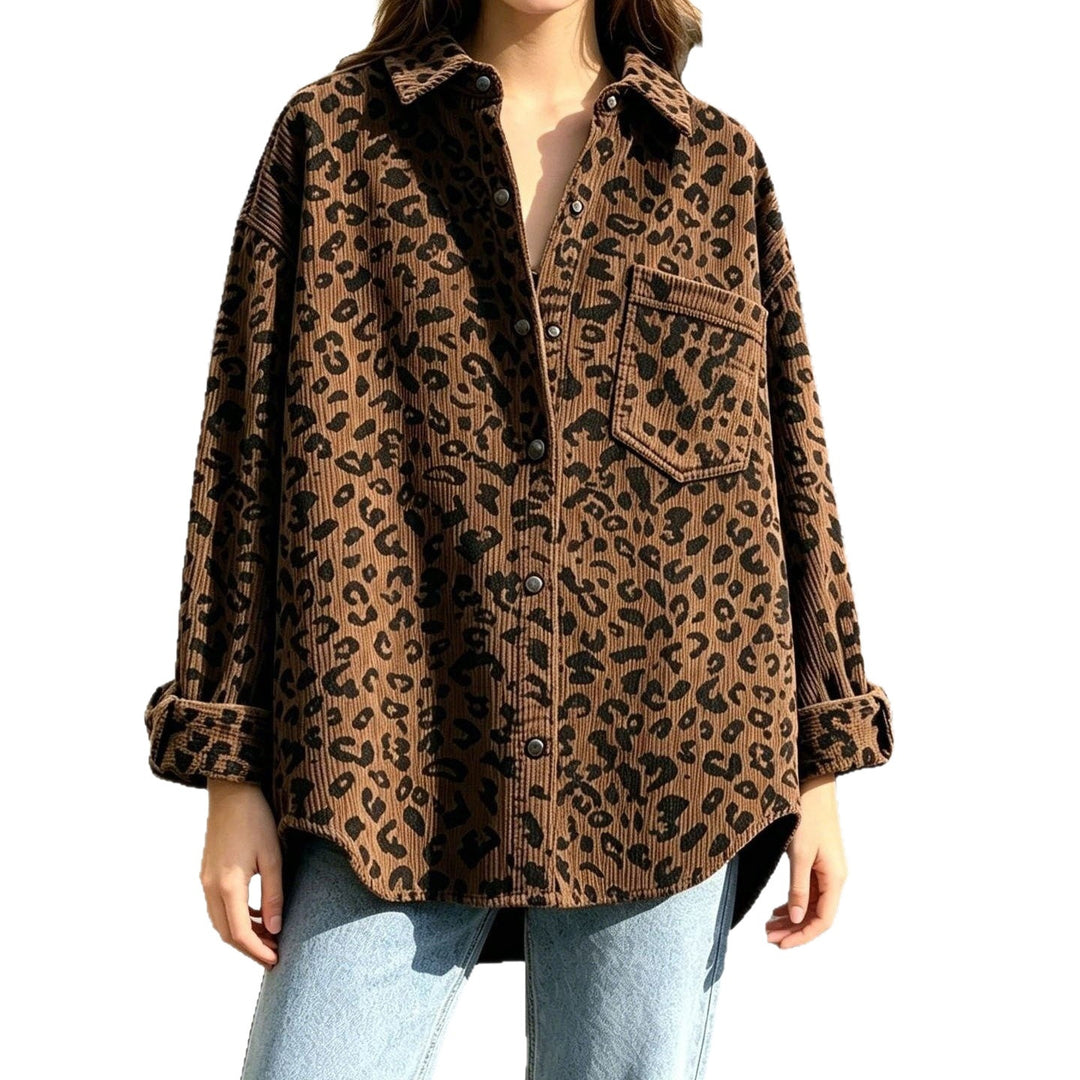 Damen Oversize Cord-Hemdenjacke mit Leopardenmuster und Druckknöpfen Drune