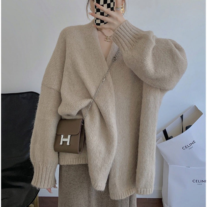 Damen Oversized Kuschelpullover mit tiefem V-Ausschnitt und langen Ärmeln Drune