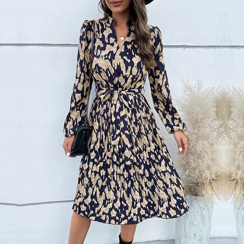 Damen Midikleid mit Bindegürtel und Langarm Drune