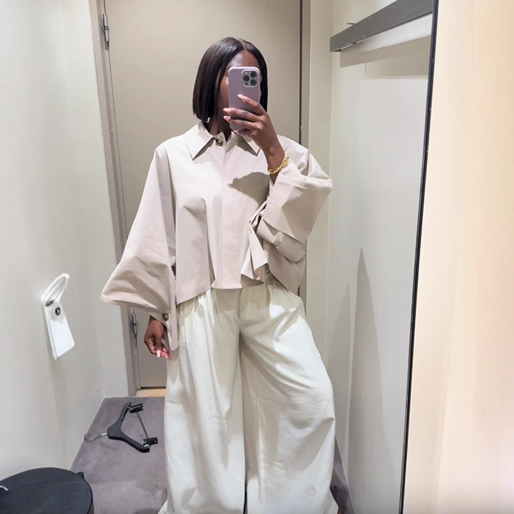 Damen kastige Cropped-Hemdbluse mit weitem Fledermausärmel und feiner Kellerfalte Drune