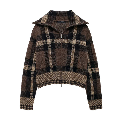 Damen 70+ kurzer kariert melierter Strickpullover mit halbem Reißverschlusskragen Drune