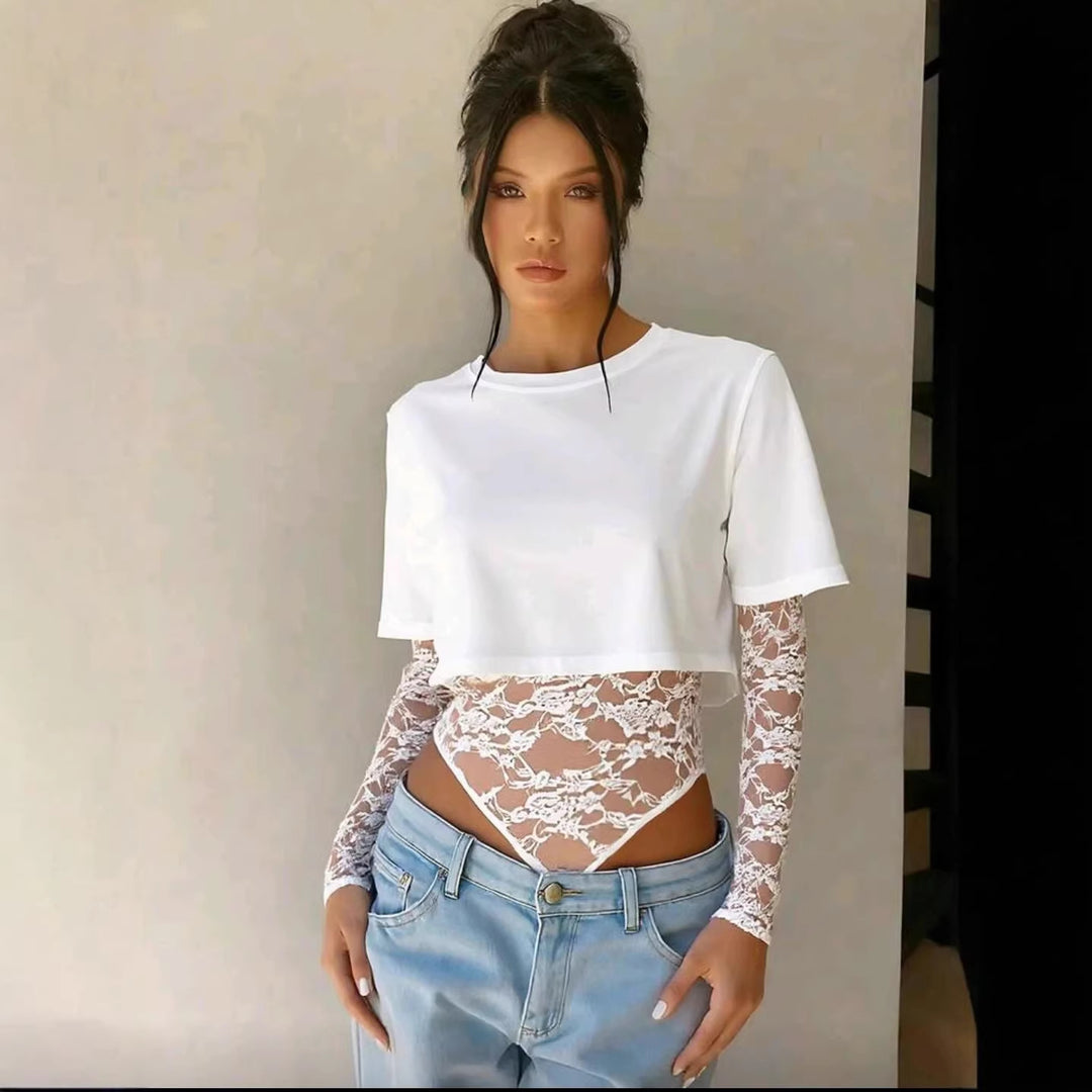 Damen Bodyshirt mit transparenten Spitzenärmeln und lässigem Schnitt Drune