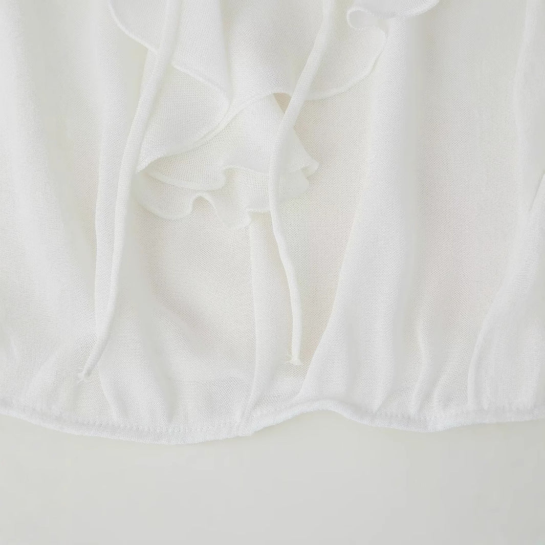 Damen Bluse mit romantischen Rüschen und tiefem V-Ausschnitt Drune
