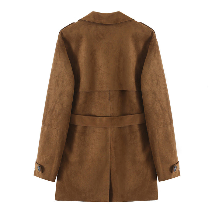 Damen Kurz-Trenchcoat aus Kunstwildleder mit Taillengürtel und doppelter Knopfleiste Drune