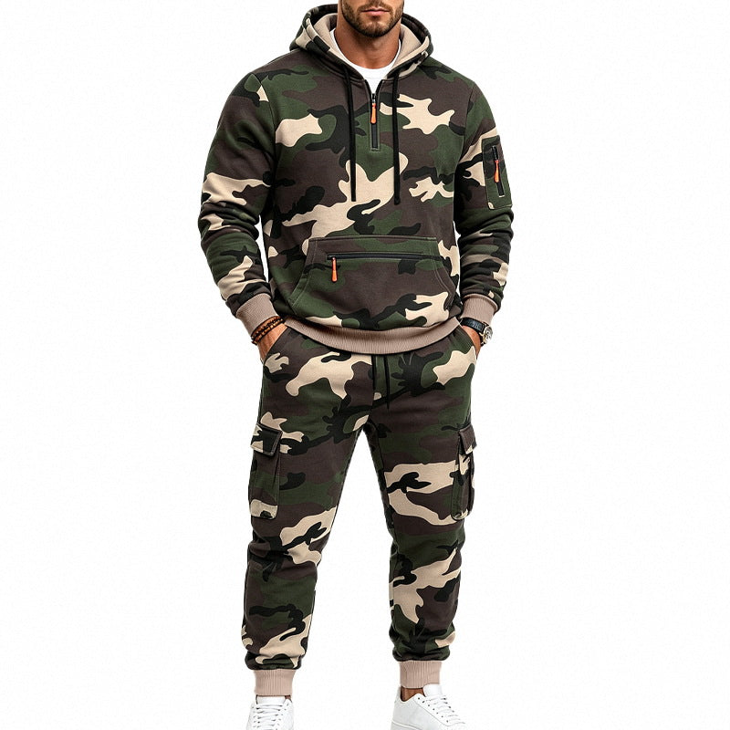 Herren Zweiteiliges Camouflage-Trainingsanzug-Set mit Kapuzen-Sweatshirt und Cargo-Joggern Drune