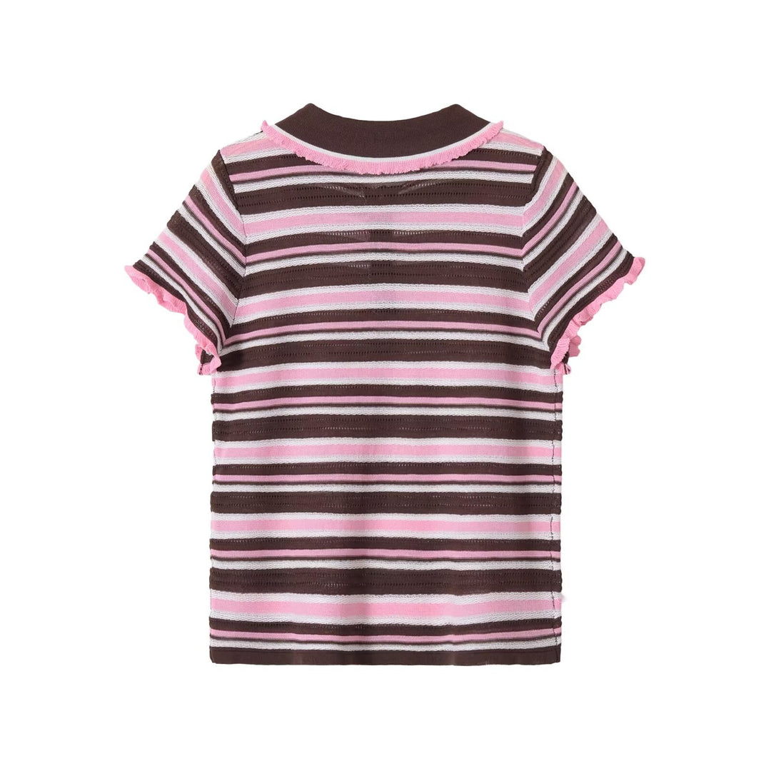 Damen Gestreiftes kurzärmeliges Poloshirt aus Feinstrick mit Rüschenkante und 3‑Knopf‑Leiste Drune
