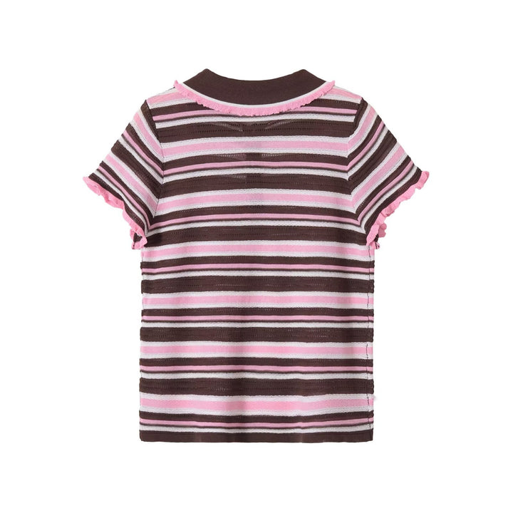 Damen Gestreiftes kurzärmeliges Poloshirt aus Feinstrick mit Rüschenkante und 3‑Knopf‑Leiste Drune
