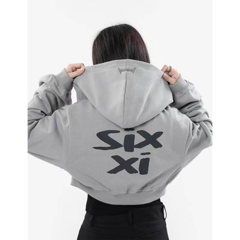 Damen nan cropped Kapuzenpullover im Streetwear-Style mit auffälligem Rückenprint und geripptem Saum Drune