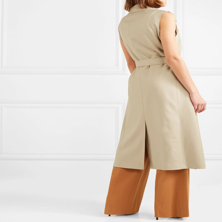 Damen ärmelloser Wickel-Trenchcoat aus Baumwollmix mit doppelreihiger Knopfleiste und Taillengürtel Drune