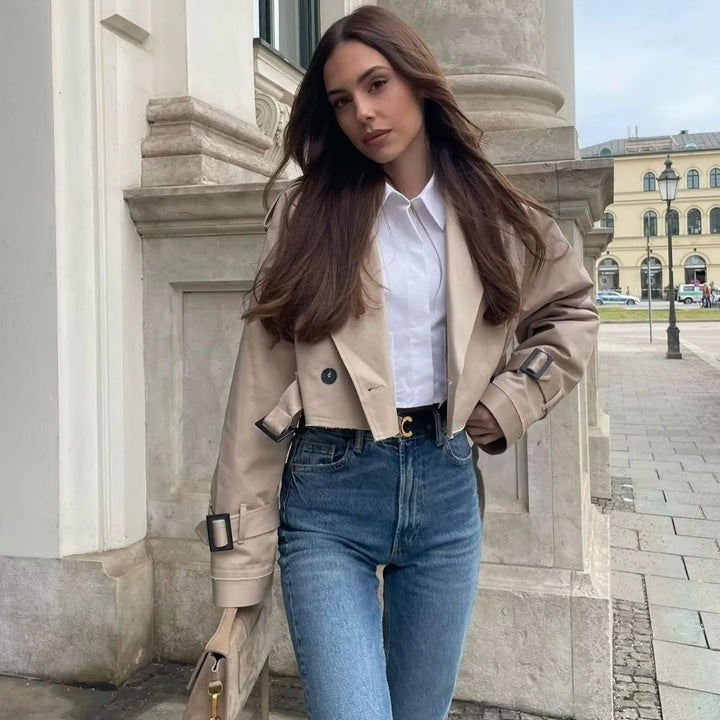 Damen kurzgeschnittene Trenchjacke mit Epauletten, Taillengürtel und verstellbaren Manschetten Drune