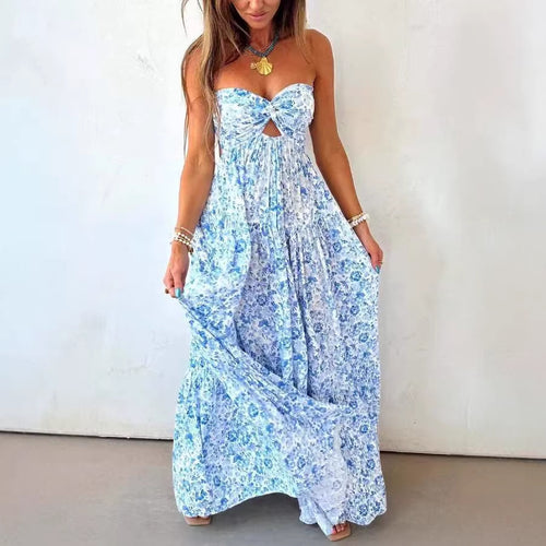 Damen nan trägerloses gedrehtes Bustier-Maxikleid mit Cut-out und mehrlagigem Stufenrock in leichter Crinkle-Qualität Drune