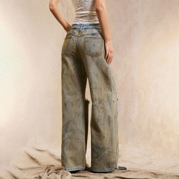 Damen Weit geschnittene Jeanshose mit distressed Details Drune