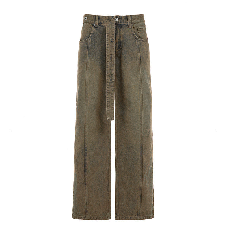 Damen Hochtaillierte weite Denim-Hose mit breitem Bindegürtel Drune