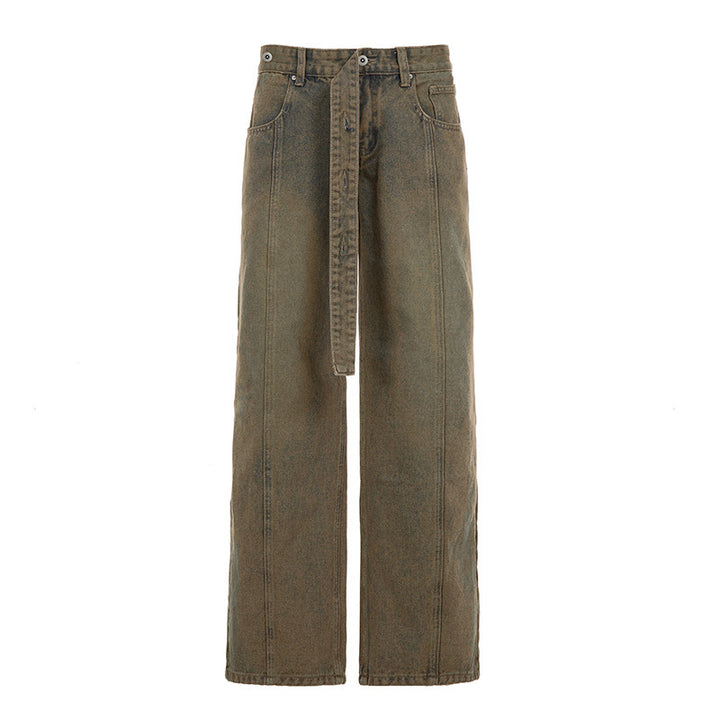 Damen Hochtaillierte weite Denim-Hose mit breitem Bindegürtel Drune
