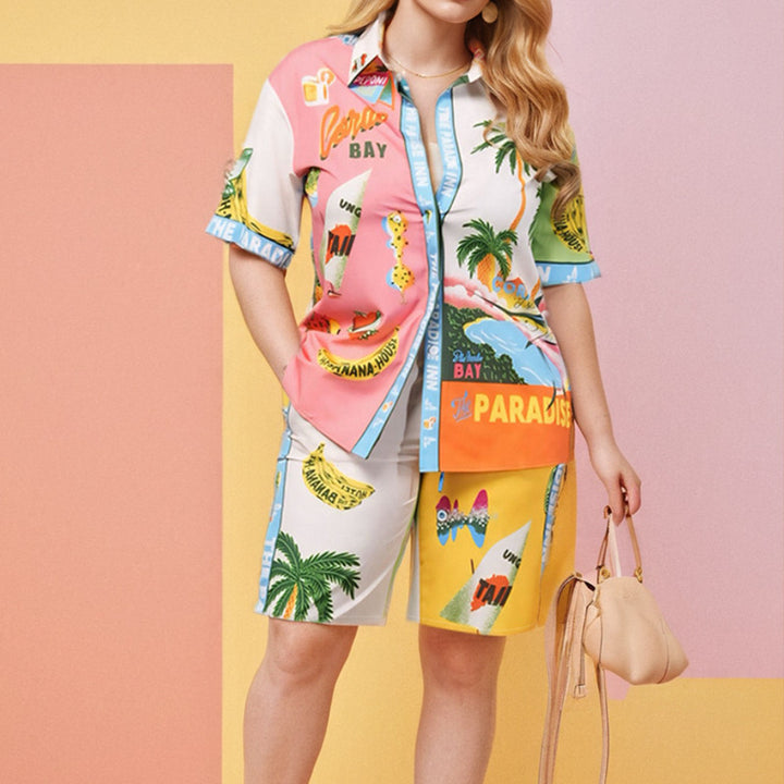 Damen Trendiges Kurzarm-Set im sommerlichen Grafikdesign Drune