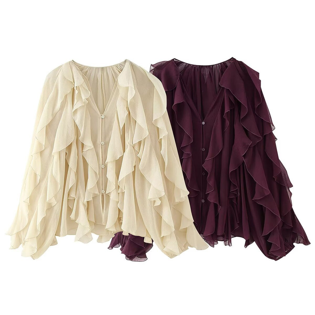 Damen Volant-Chiffonbluse mit Knopfleiste, gerafftem Ausschnitt und Ballonärmeln Drune