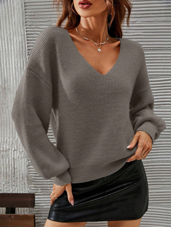 Damen Viskose-Pullover mit tiefem V-Ausschnitt und lässigen Ballonärmeln Drune