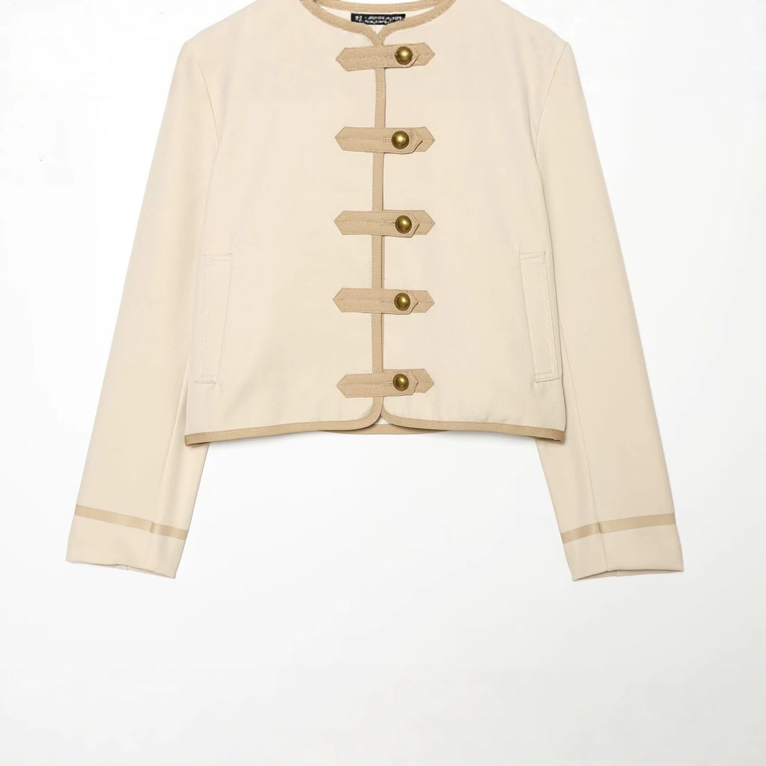 Damen Kurze taillierte Jacke mit Mandarinkragen und dekorativen Laschen Drune
