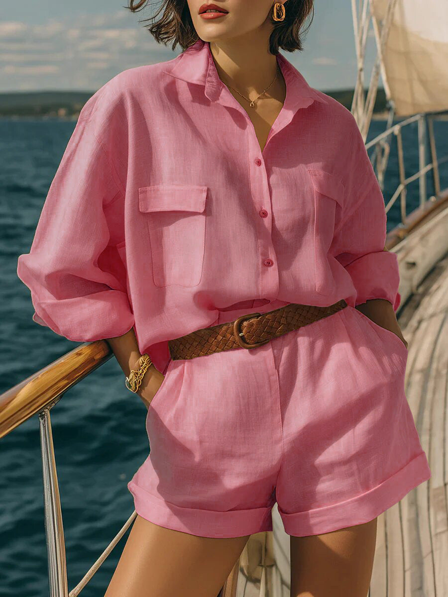 Damen Luftiges Kurzarm-Hemd und Shorts-Set Drune