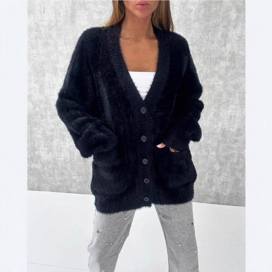 Damen Flauschiger Oversize-Cardigan mit tiefer V-Ausschnitt, Knopfleiste und Eingrifftaschen Drune