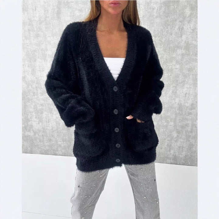 Damen Flauschiger Oversize-Cardigan mit tiefer V-Ausschnitt, Knopfleiste und Eingrifftaschen Drune