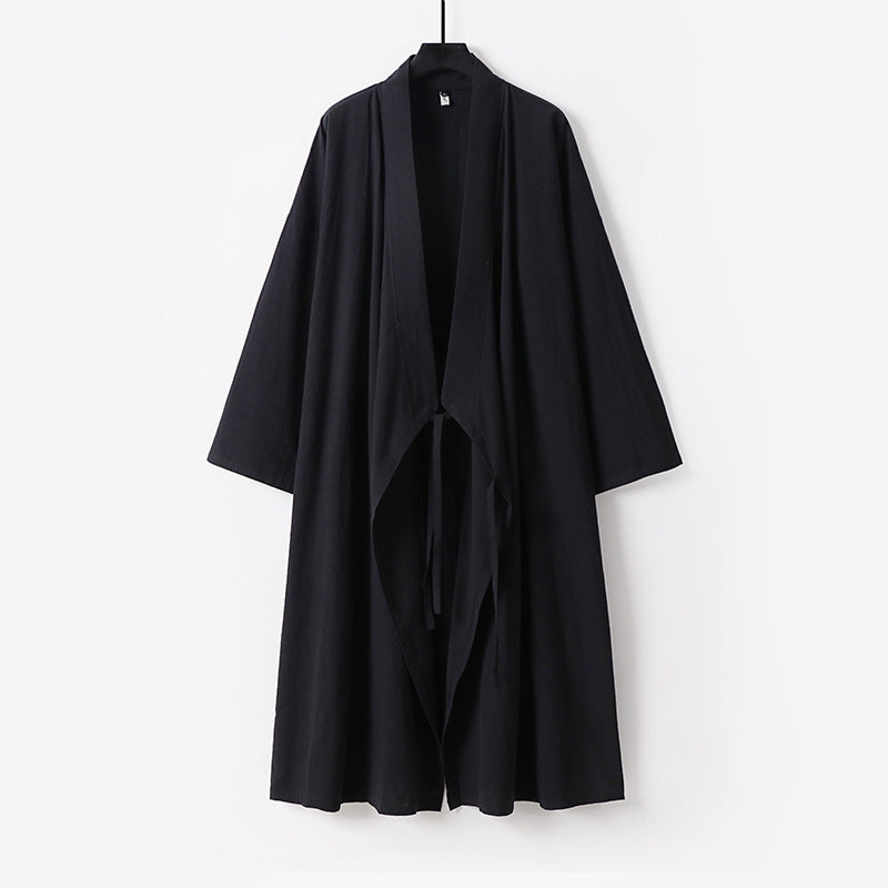 Unisex Langer Kimono-Mantel aus leichtem Baumwollmix mit drapierter Front und Bindeschlaufe Drune