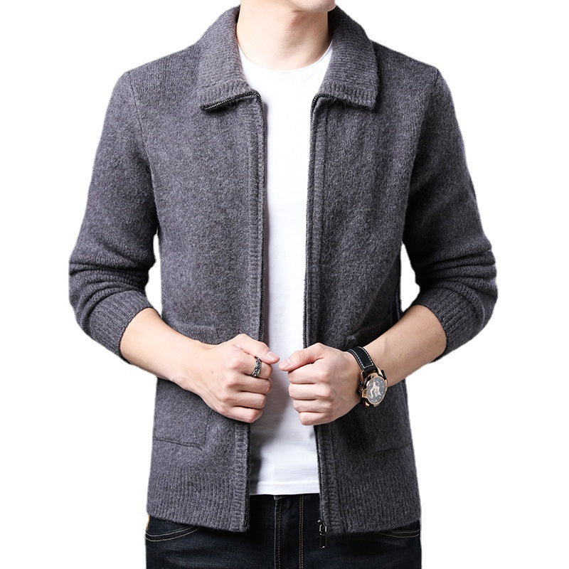 Herren Strickjacke mit durchgehendem Reißverschluss Stehkragen und aufgesetzten Taschen Drune