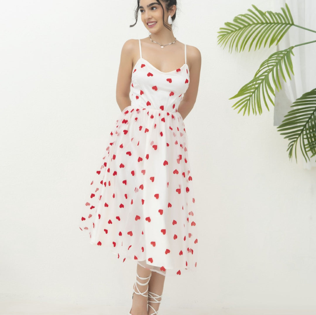 Damen romantisches A-Linien Kleid mit Herzmotiv und verstellbaren Trägern Drune