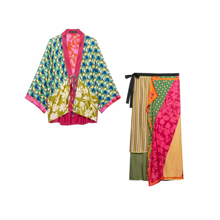 Damen Gemusterter Seiden-Kimono mit Bindegürtel und weitem Fledermausärmel Drune