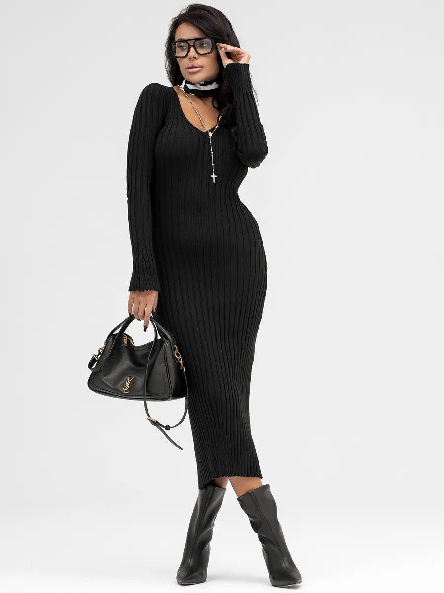 Damen Strickkleid mit tiefem V-Ausschnitt und Rippenstruktur Drune