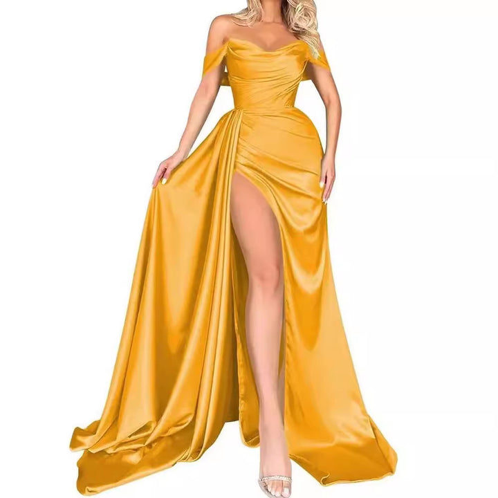 Damen Off-Shoulder Abendkleid mit hohem Beinschlitz und voluminösem Rock Drune